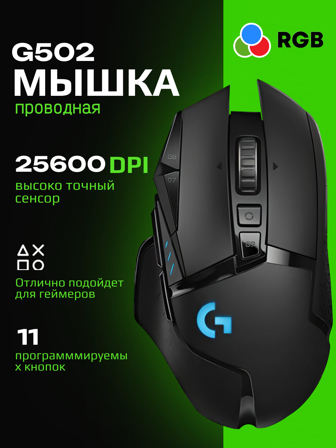Мышь Logitech G502 HERO, для правой руки, USB, 25600 DPI, 11 клавиш, черная
