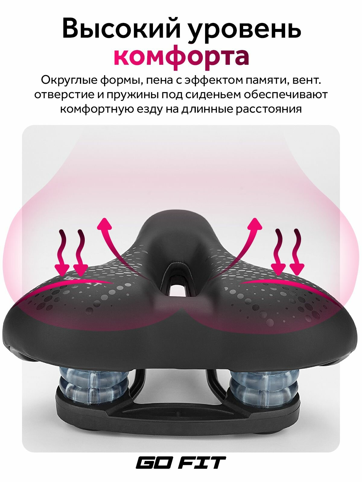 Сиденье для велосипеда GO FIT Soft Pro, спортивное, универсальное велосипедное седло, широкое, комфортное, черный — фото 1