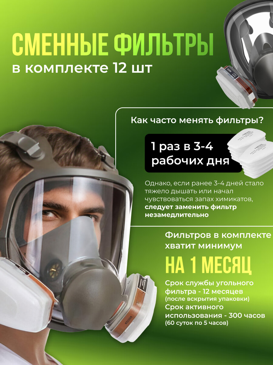 Противогаз-респиратор Zur-Kibet 6800, многоразовый, угольный фильтр — фото 1