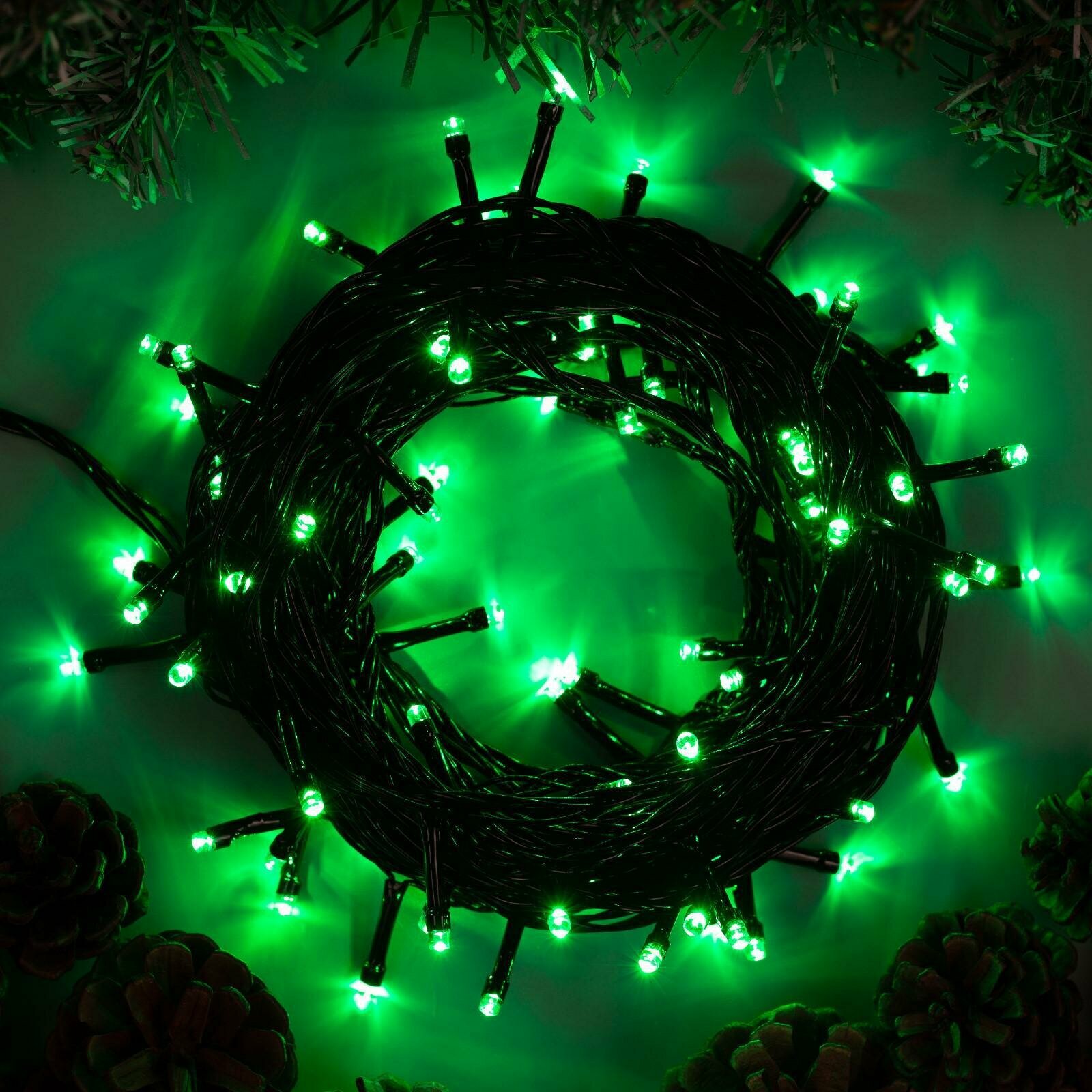 Гирлянда «Нить» 10 м IP20 тёмная нить 100 LED 8 режимов 220 В свечение зелёное
