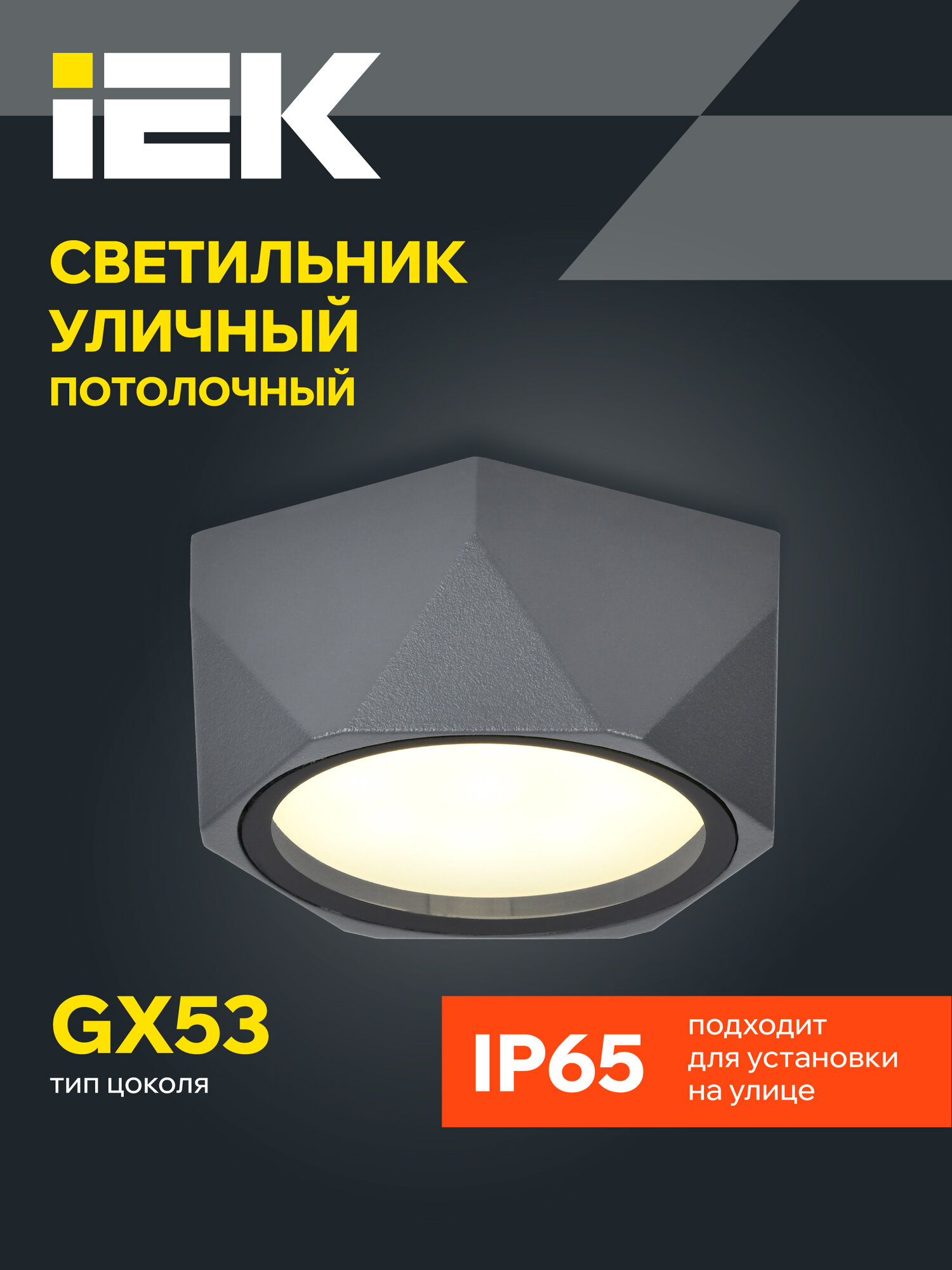 Светильник уличный IEK 5304 GX53 IP65, потолочный, серый, металл, современный стиль, 15Вт, 220-240В