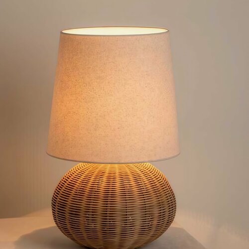 Изображение товара Настольный светильник, ручная работа, ротанг, тканевый абажур, LED, E27, IP20, бежевый