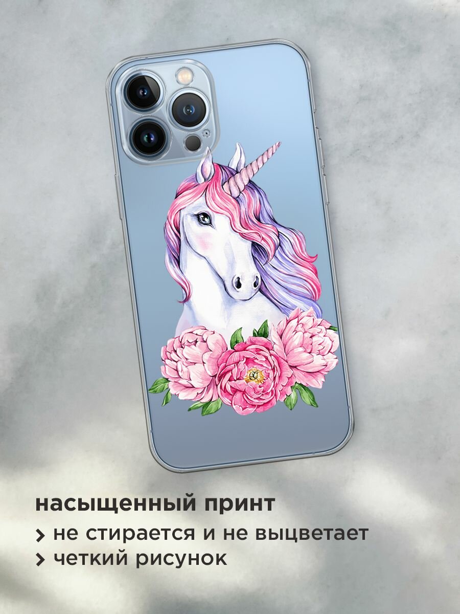 Чехол на Apple iPhone 13 Pro Max / Айфон 13 Про Макс с принтом "Единорог с пионами", прозрачный — фото 1