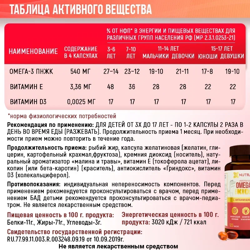 Омега 3 / Omega 3 / Рыбий жир + витамины Е и Д3 для детей NUTRAWAY 120 капсул — фото 1