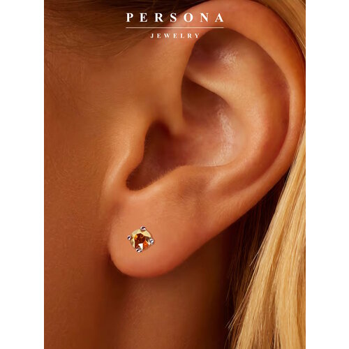 фото Серьги пусеты персона, серебро, 925 проба, родирование, кристаллы swarovski, размер 4 мм, длина 1.3 см, , оранжевый