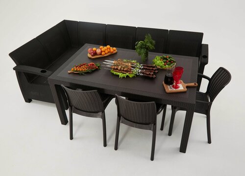 Изображение товара Комплект садовой мебели из ротанга Set 5+3стула+обеденный стол 153х79, с комплектом черных подушек
