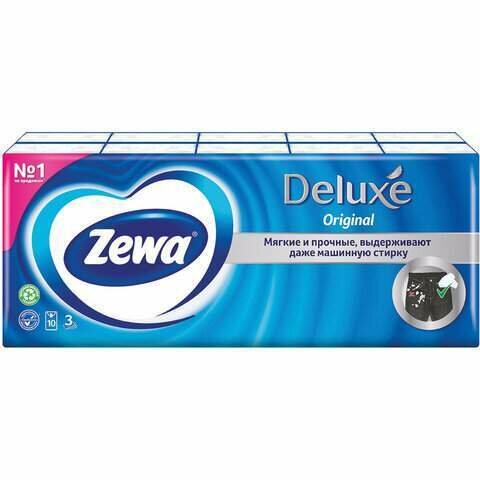 Платки Носовые Бумажные Платки носовые ZEWA Deluxe, 3-х слойные, 10 шт. х (спайка 10 пачек), 51174 (арт. 126255)