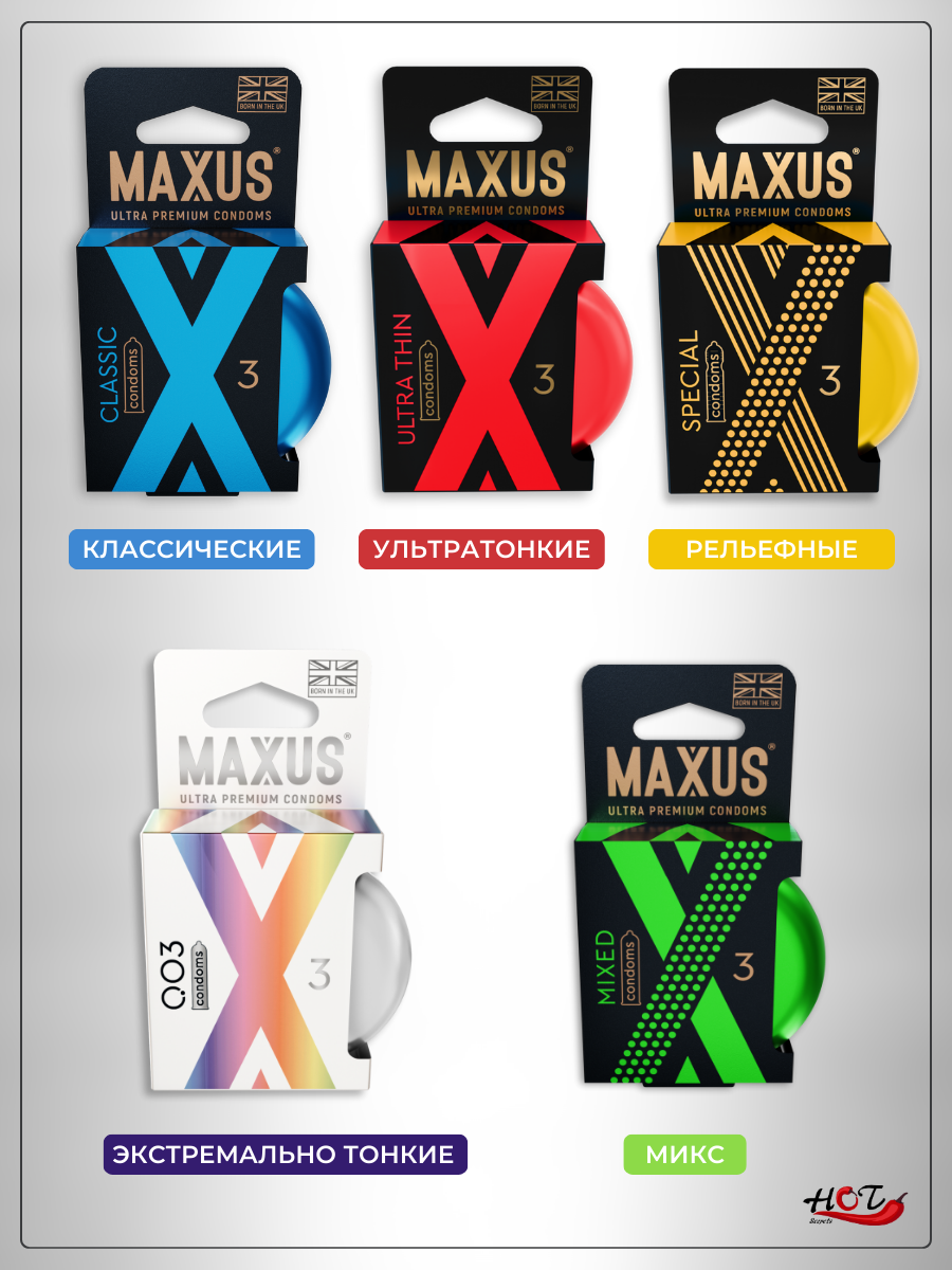 Презервативы "MAXUS Mixed" классические, ультратонкие и точечно-ребристые, 3шт — фото 1