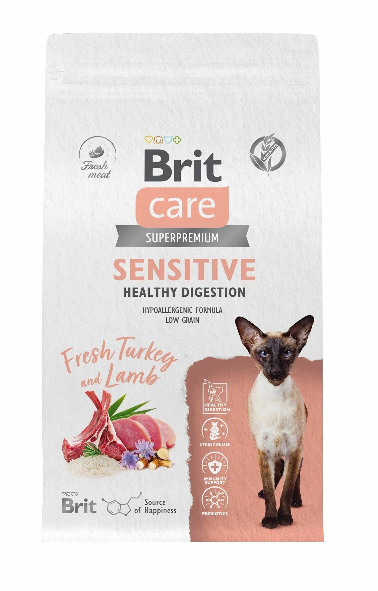 Сухой корм Brit Care Cat Sensitive Healthy Digestion для взрослых кошек с индейкой и ягнёнком для чувствительного пищеварения 1.5 кг — фото 1