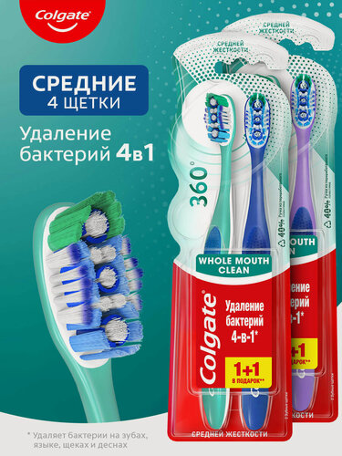 Изображение товара Зубная щетка Colgate 360º Суперчистота антибактериальная, средней жесткости, промоупаковка 1+1 (2 уп)