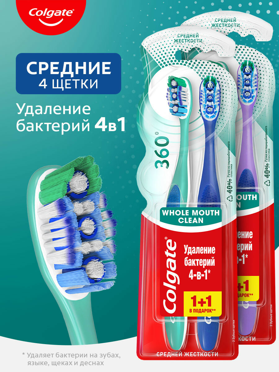 Зубная щетка Colgate 360º Суперчистота антибактериальная, средней жесткости, промоупаковка 1+1 (2 уп)
