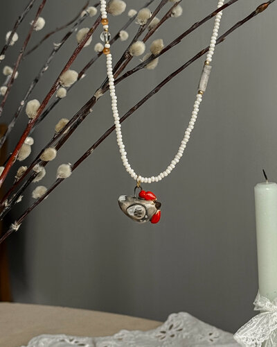 Изображение товара Колье, керамика, бисер, агат, хрусталь, кошачий глаз