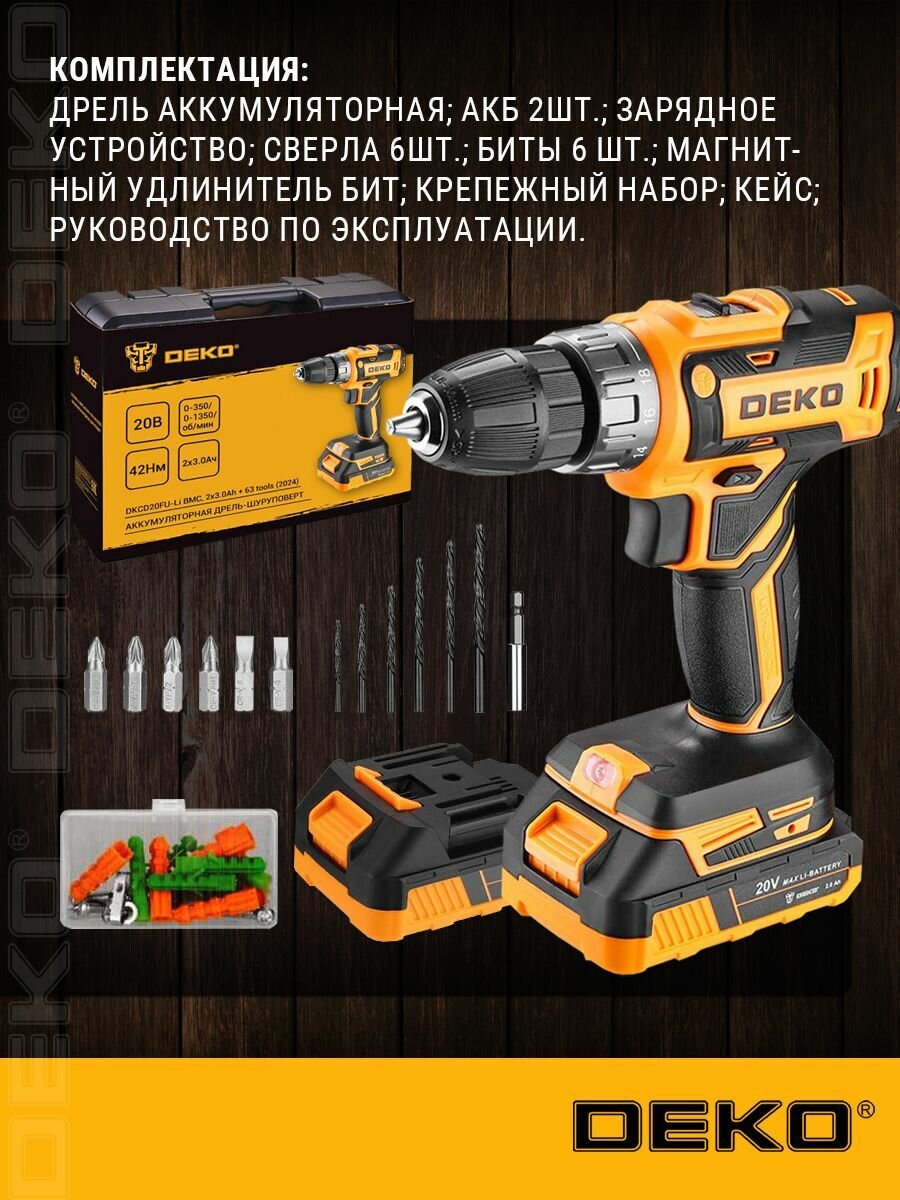 Аккумуляторная дрель-шуруповерт DEKO DKCD20FU-Li в кейсе + набор 63 инструмента для дома, 20В, 2х3.0Ач (2024) — фото 1