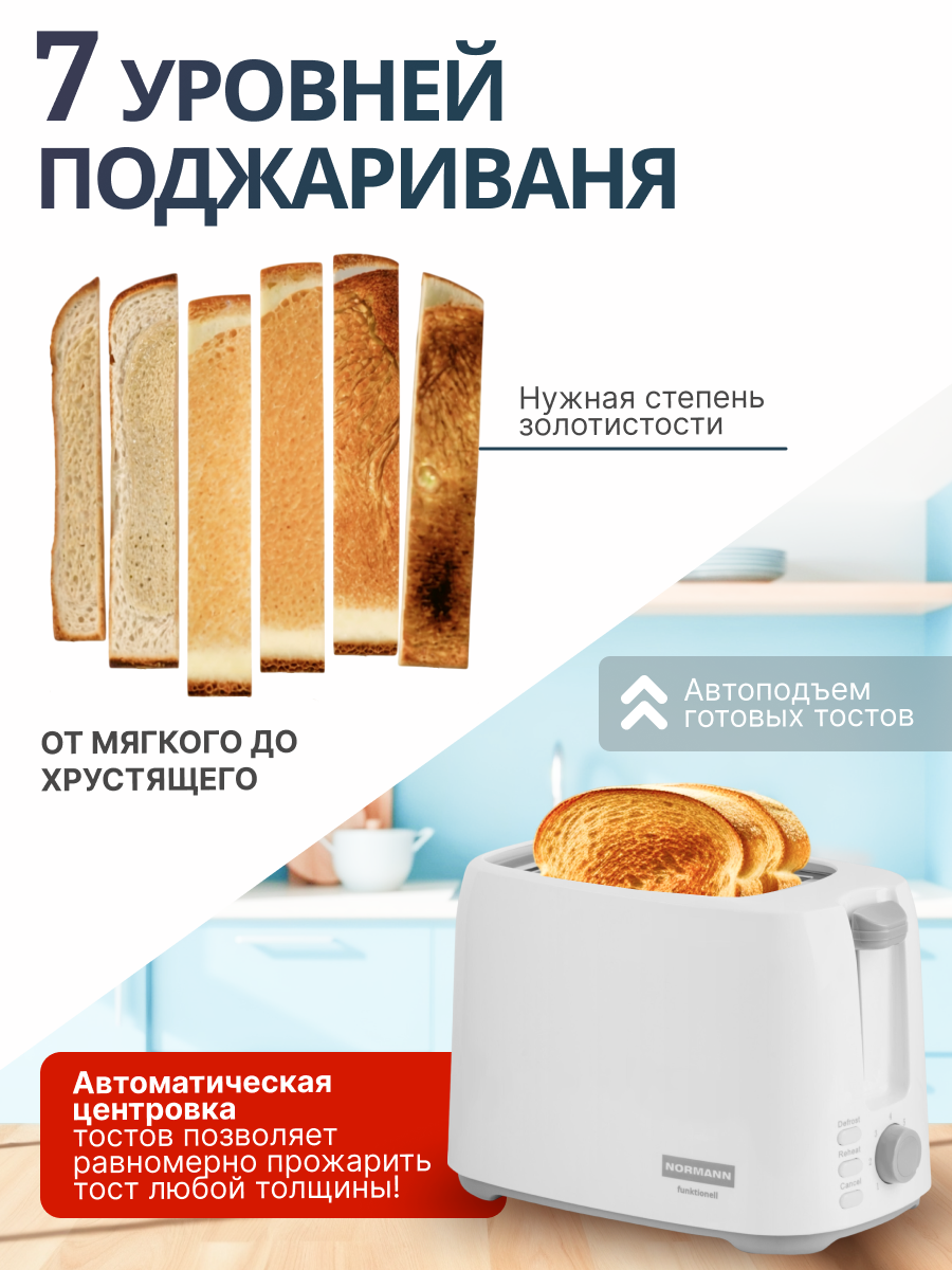 Тостер для хлеба с поддоном для крошек и регулировкой мощности AST-035 NORMANN 2 ломтика подогрев, разморозка — фото 1