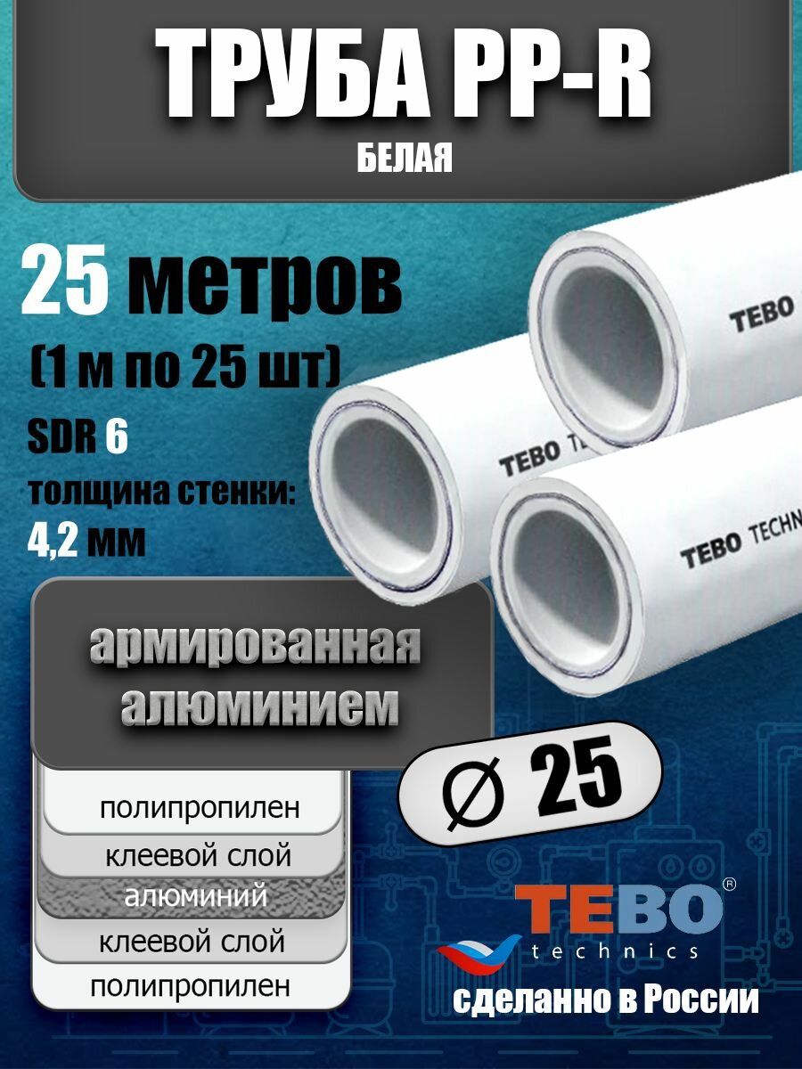 Труба 25 мм полипропиленовая, армированная алюминием (для отопления), SDR 6, 25 метров (1 м х 25 шт) / Tebo (белый)