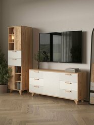 Гостиная комплект Ньерд, комод, стеллаж, 205х41х186 см, Дуб Вотан / Белый