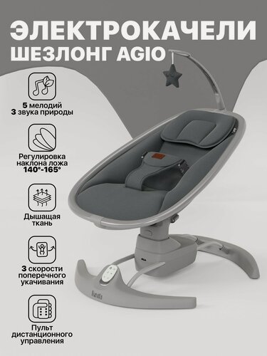 Изображение товара Электрокачели для новорожденных, пульт ДУ, 5 мелодий. Nuovita Agio (Серый, Графитовый)