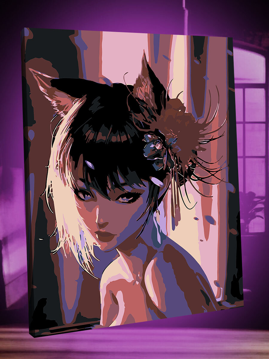 Картина по номерам Девушка кошка аниме / Anime girl with cat ears холст на подрамнике 40*50