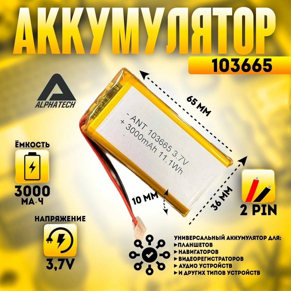 Аккумулятор (батарея) универсальный Li-Pol 103665 10*36*65мм 2pin 3.7V/3000mAh