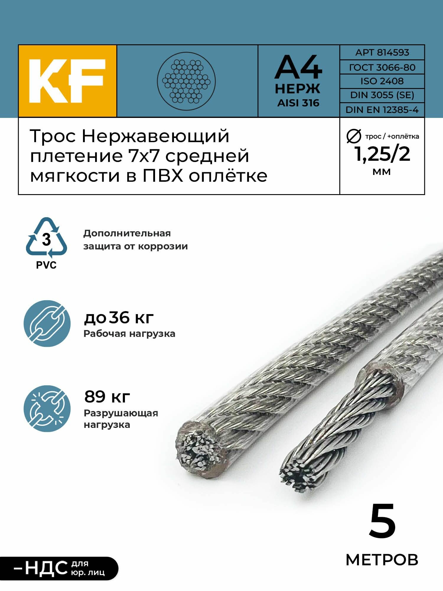 Трос нержавеющий 1,25/2,0 мм сталь А4 плетение 7х7 средней мягкости в ПВХ оплетке 5 метров