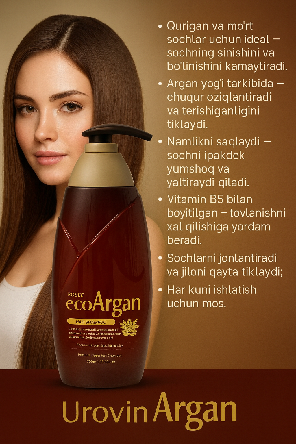 Шампунь Rosée Eco "Argan", питательный уход, для волос, с маслом аргана