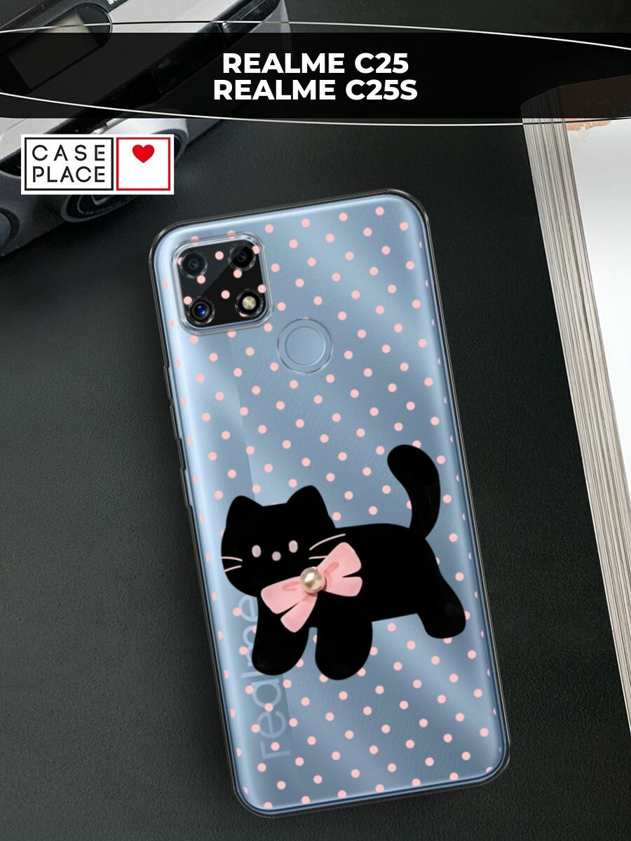 Чехол на Realme C25/C25s / Реалми С25/C25s с принтом Черный котик с бантом, прозрачный