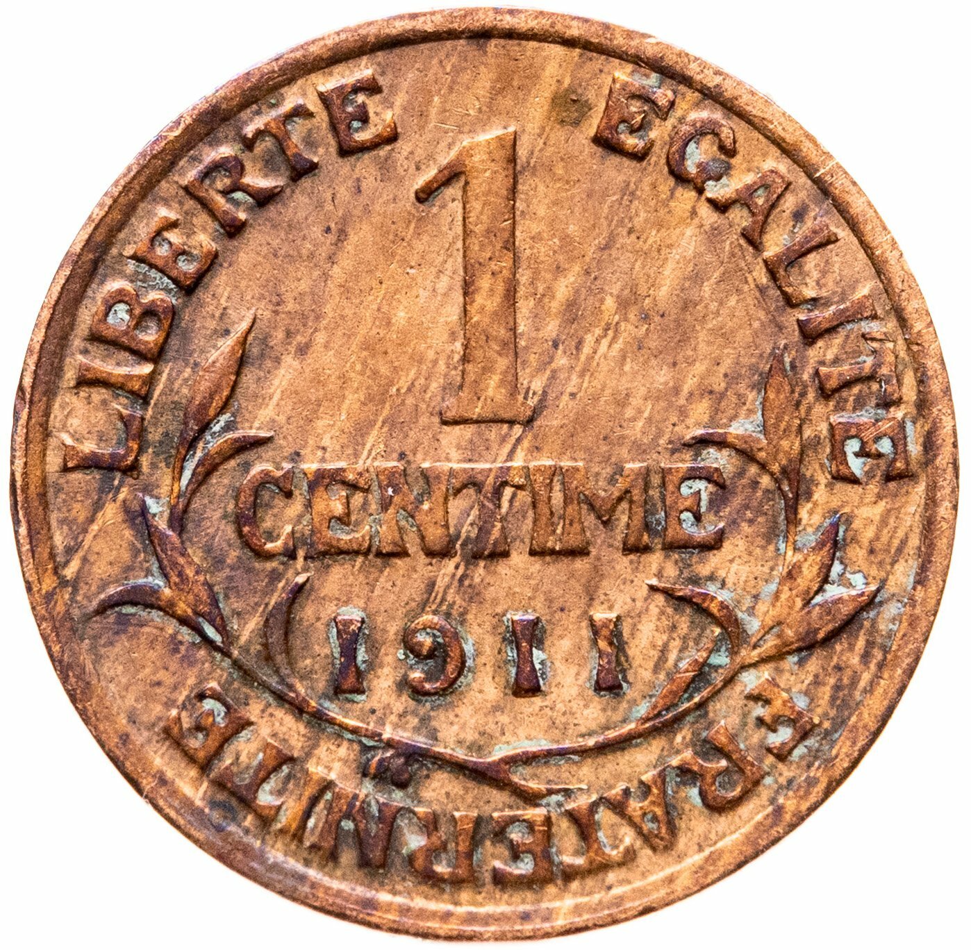 Франция 1 сантим centime 1911, Бронза, в сохранности VF