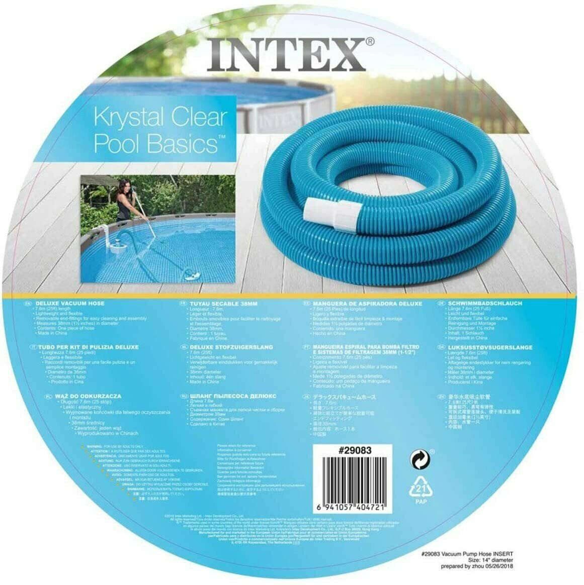 INTEX Шланг для насадки-пылесоса 38 мм, 7.6 м, голубой 29083