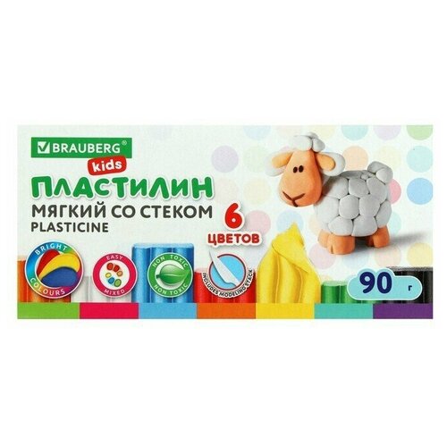 Пластилин мягкий, восковой, 6 цветов, 90 г, KIDS, со стеком