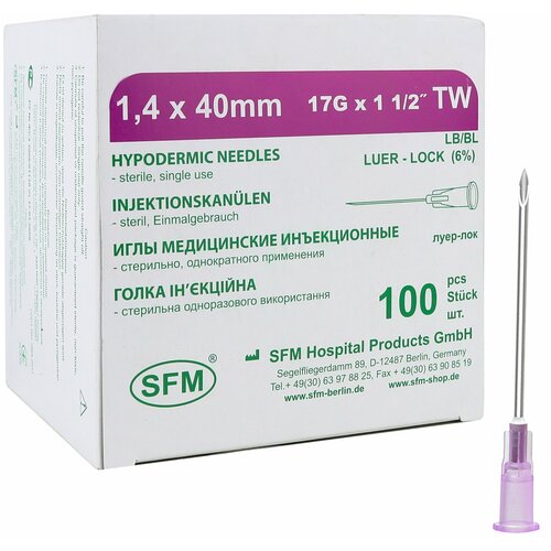 Игла одноразовая инъекционная стерильная SFM 17G (1,4 х 40 мм) упаковка 100шт