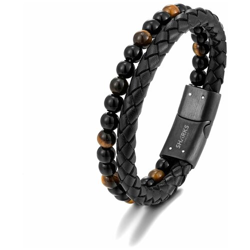 Двойной браслет из кожи, оникса, тигрового глаза. 20 см.