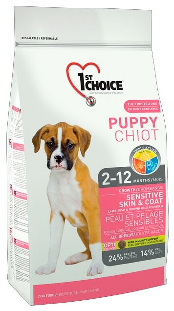Корм 1st Choice PUPPY Sensitive Skin & Coat для щенков с чувствительной кожей и шерстью, с ягненком и рыбой, 14 кг