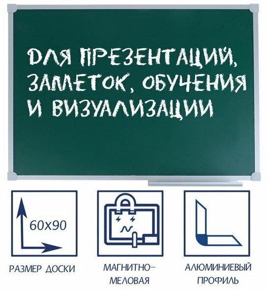 Доска магнитно-меловая, 60х90 см, зелёная, стандарт, в алюминиевой рамке, с полочкой