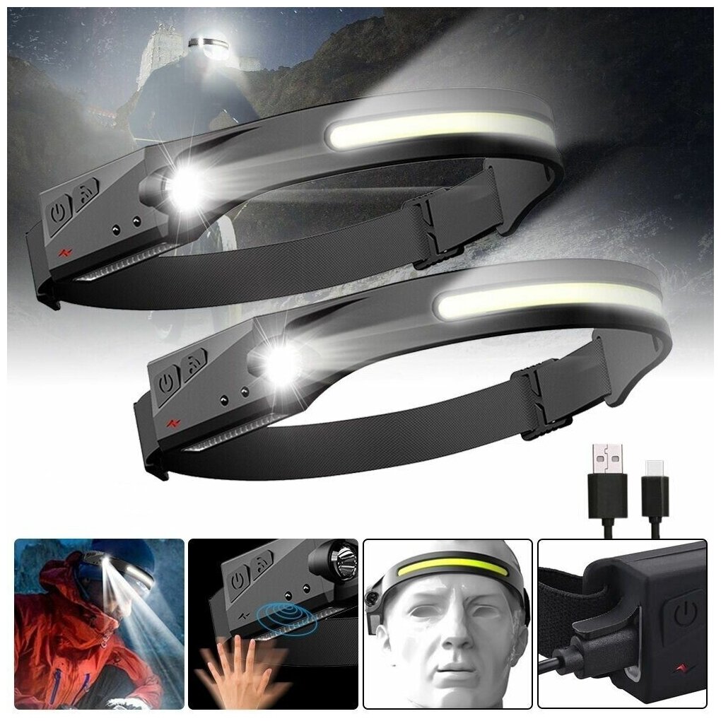 фото Гибкий налобный фонарь светодиодный, 5 режимов, влагозащита, Type-C зарядка, включение по взмаху
