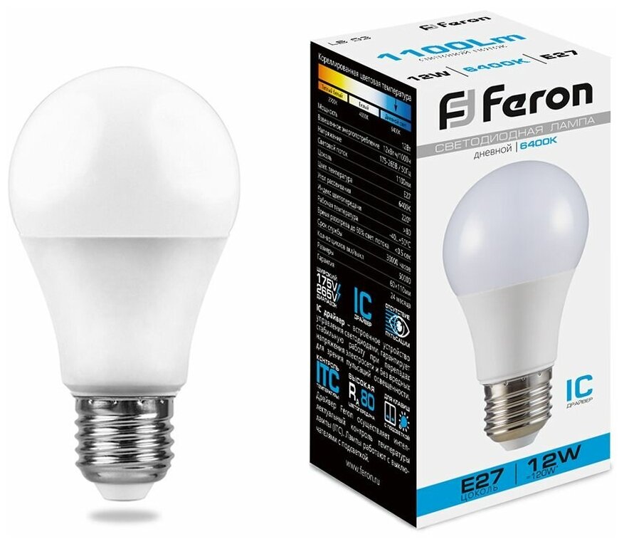 25490 Лампа светодиодная Feron 12W=120W 230V E27 Груша A60 1100Лм Ra>80 6400К, упаковка 1шт