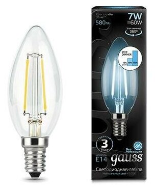 Gauss Лампа Filament Свеча 7W 580lm 4100К Е14 шаг. диммирование LED