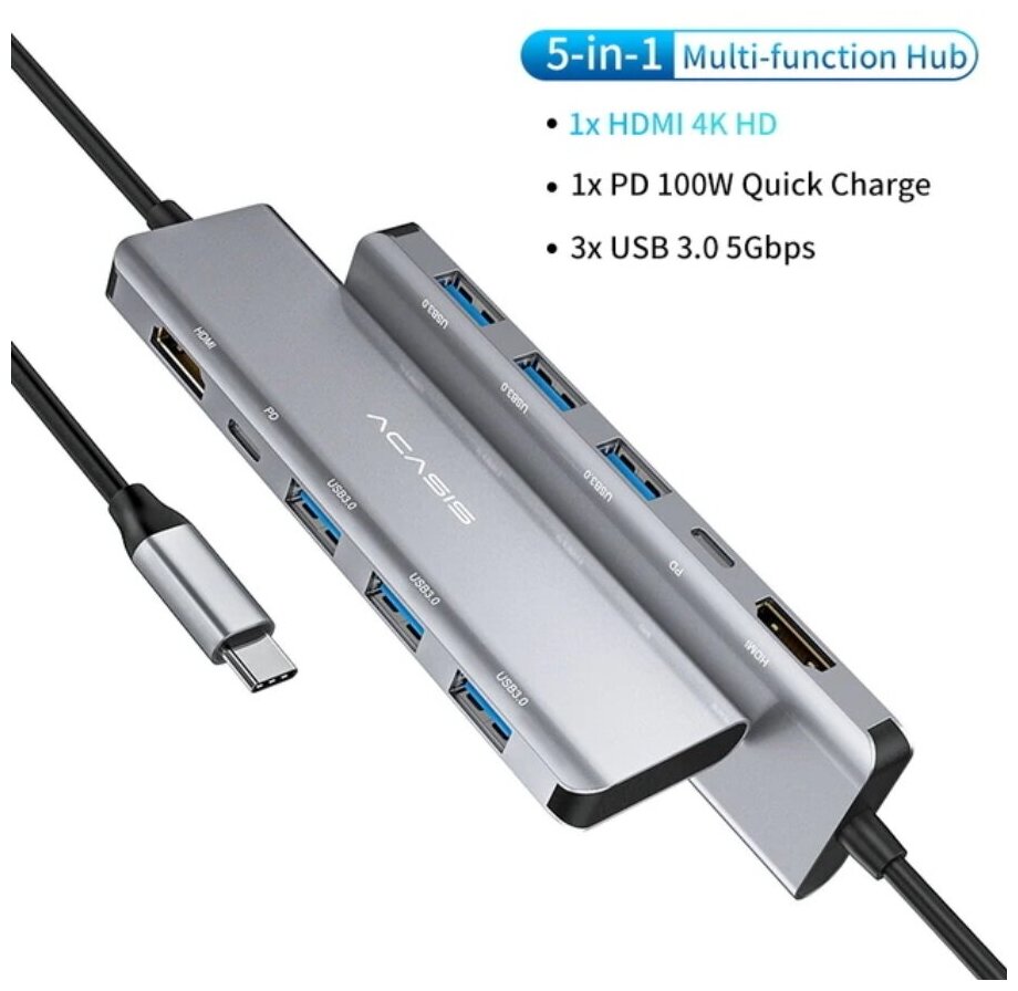 Хаб Acasis HBC028 5-in-1 Type C to HDMI + 3 x USB 3.0 + PD Multifunction Docking Station, серый