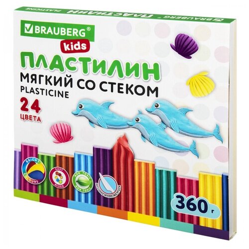 Пластилин восковой 24 цвета Brauberg Kids, 360г, со стеком, 3 уп. (106498)