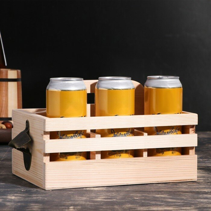 Ящик для пива 27х18х18.5 см с открывашкой, под 6 бутылок, деревянный