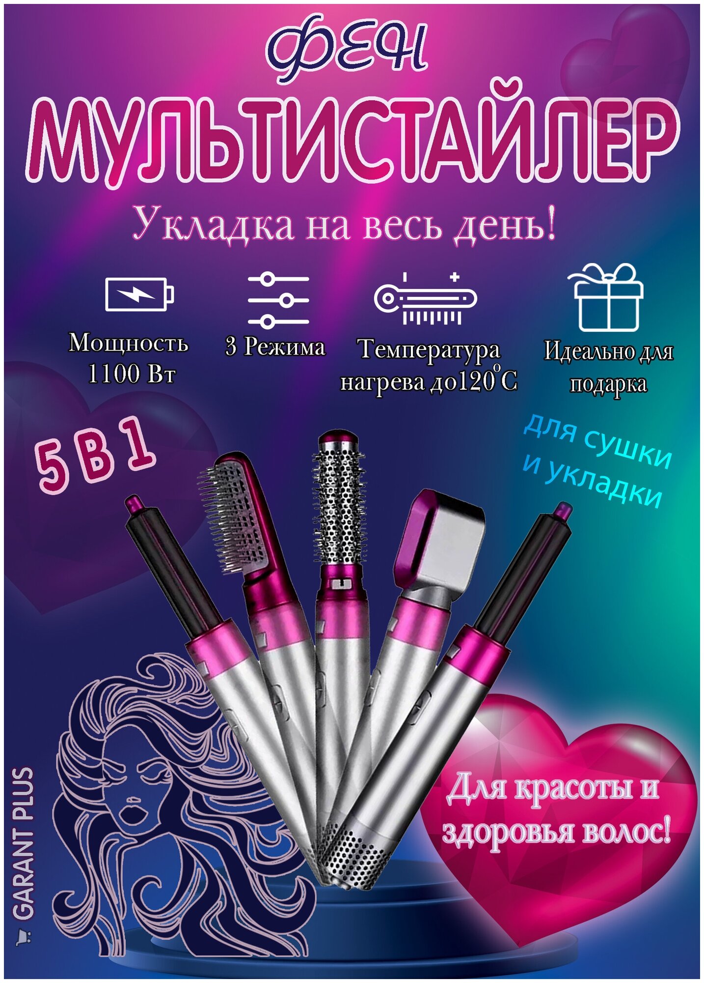 Фен Стайлер Hot Air Styler /NEW/ /5в1/выпрямитель/утюжок/ионизация/1100Вт/серебристый - фотография № 1