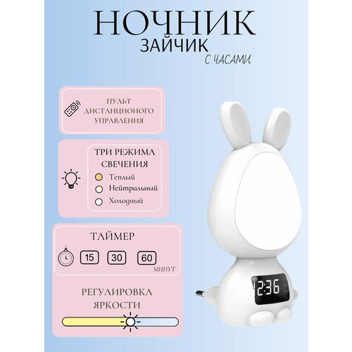 Ночник кролик с часами Белый Ночник в розетку Ночник детский 820₽