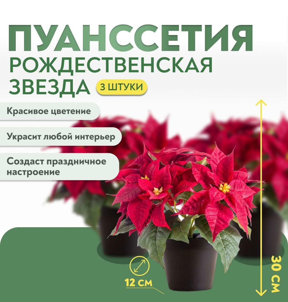 Рождественская Звезда (Пуансеттия) Набор 3штуки