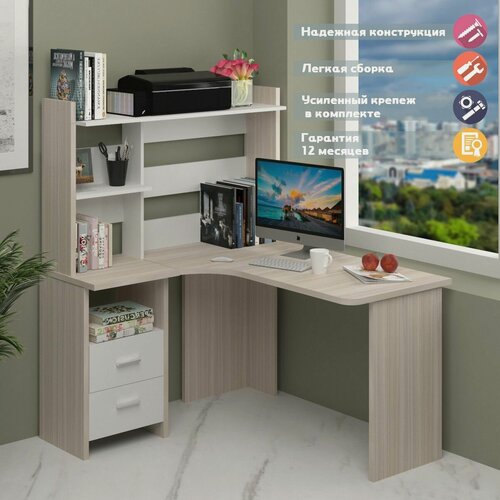 Изображение товара Стол СКЛ-Угл130+НКЛ-120 КБЕ ЛЕВ Карамель/Белый с надстройкой