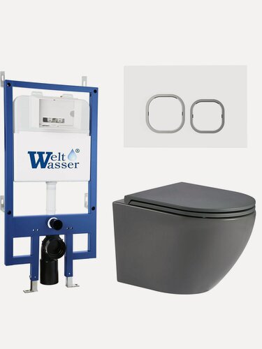 Изображение товара Комплект 6 в 1 WeltWasser: подвесной унитаз MERZBACH 043 MT-GR серый+кнопка смыва BAMBERG WT белый+инсталляция BAMBERG 545