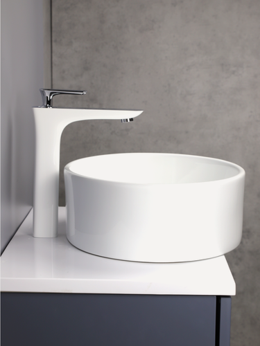 Изображение товара Смеситель для накладной раковины в ванную, высокий, на столешницу, белый / хром