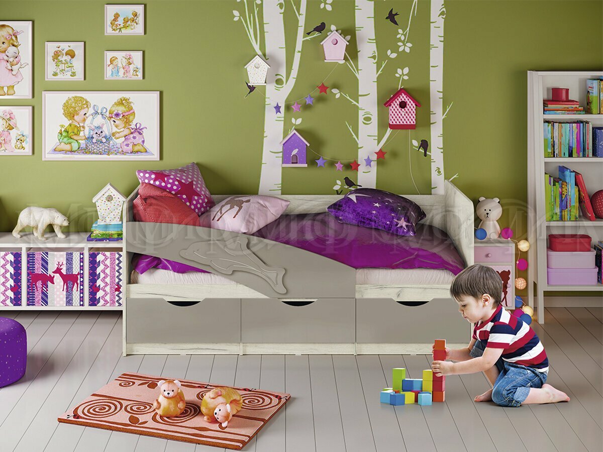 Кровать детская Дельфин 80х160 с 3 ящиками шарли мокко/дуб крафт белый