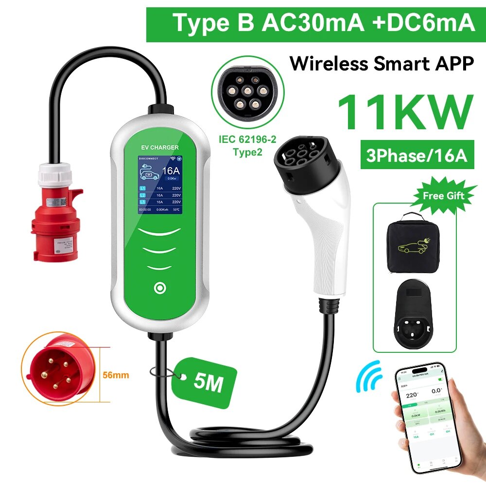 ADPOW 16A Type2 Зарядные устройства для электромобилей 11 кВт 5-контактный разъем CEE Кабель 5 м Настенный ящик с регулируемым током WIFI Управление через приложение Аксессуары для зарядки электромобилей, 11KW 5M, Тип 2