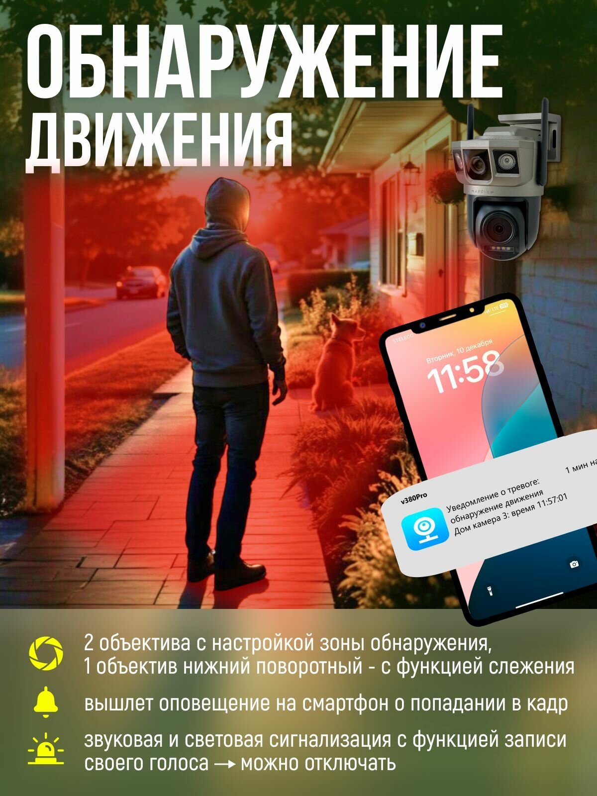 Камера видеонаблюдения 4G с 2 объективами, уличная под сим карту, 5 Мп, с датчиком движения, сигнализацией и режимом ночной съемки — фото 1