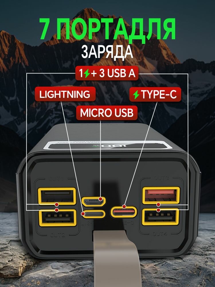 Внешний аккумулятор RUIPU, 50000 mAh, с фонариком, быстрая зарядка, черный — фото 1