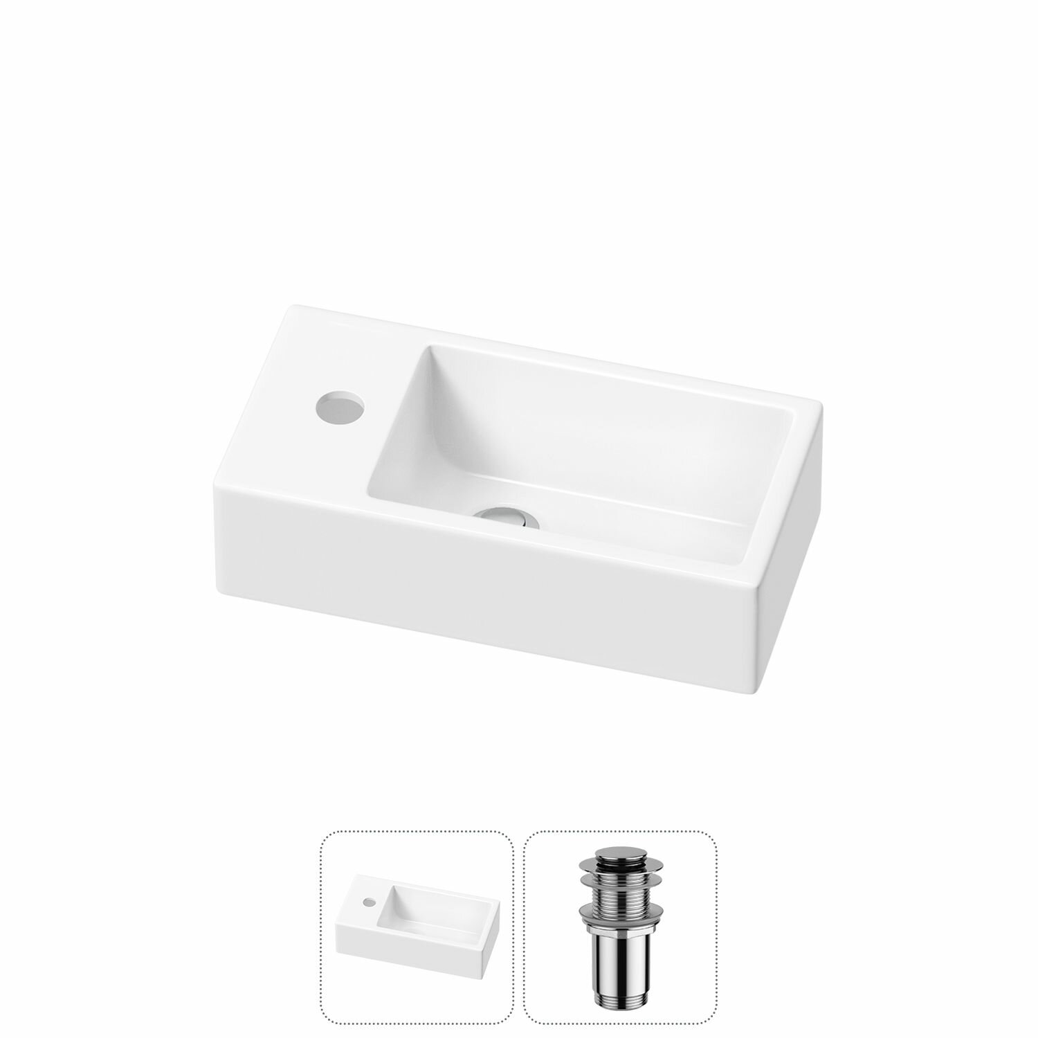 Подвесная или накладная раковина для ванной Lavinia Boho Bathroom Sink 20215993R в наборе 2 в 1: раковина 40 см (белый глянец), донный клапан в цвете хром